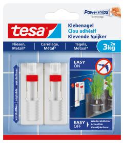 Tesa Klevende Spijker voor Tegels en Metaal, verstelbaar, draagvermogen 3 kg, blister van 2 stuks