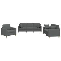 vidaXL 3-delige Loungeset met kussens stof donkergrijs, fauteuil, 3-zitsbank, sofa, 2-zitsbank, bank, 2 zitsbank, zitbank, fauteuil stoel, 2 zits bank