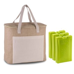 Grote koeltas jute/canvas 20 liter en 38 x 32 x 16 cm met 3x stuks koelelementen groen