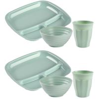 Camping Servies set 18 delig - kunststof - mintgroen - 6x vakjesborden/6x drinkbekers/6x kommetjes