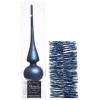 Kerstversiering glazen piek mat 26 cm en folieslingers pakket donkerblauw van 3x stuks