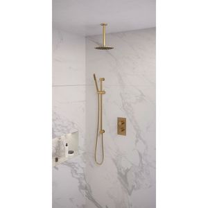 Regendoucheset Inbouw Brauer Gold Edition Thermostatisch 20 cm met 3-Weg Omstelling, Plafondarm, Glijstang en Staaf Handdouche Geborsteld Goud Brauer