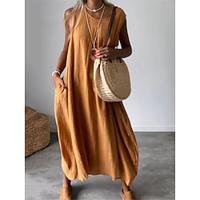 Dames Linnen Jurk Tank-jurk Katoenen zomerjurk Maxi-jurk Zak Casual Dagelijks Vakantie Strakke ronde hals Mouwloos Zomer Lente Zwart Geel Effen Lightinthebox - thumbnail