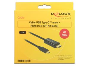 DeLOCK USB-C (male) > HDMI (male) (DP Alt Mode) kabel 3 meter, 4K 30 Hz