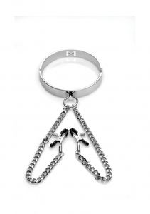 Slave Collar with Nipple Clamps - Silver