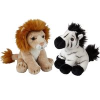 Safari dieren serie pluche knuffels 2x stuks - Zebra en Leeuw van 15 cm - thumbnail