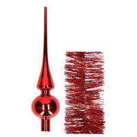 Kerstversiering glazen piek glans 26 cm en glitter folieslingers pakket rood van 3x stuks - thumbnail