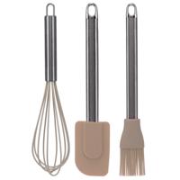 Keukengerei set - 3 stuks - garde/pannenlikker/bakkwast - bruin - RVS/siliconen - Ca. 26 cm