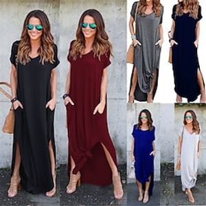 Dames Casual jurk Lange jurk maxi-jurk Katoen Zak Splitsen Afspraakje Maxi Basic V-hals Korte mouw Zwart Wit Blozend Roze Kleur Lightinthebox