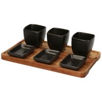 Serveerplank acacia hout met 3 hapjes/saus/tapas schaaltjes 25 x 16 cm