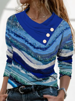 Long sleeve pile collar geometric marble print elastic top T-shirt women