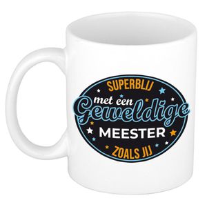 Superblij met meester cadeau mok / beker wit - kado verjaardag