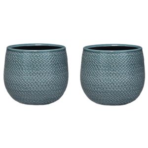 Set van 2x stuks bloempotten midnight blauw ribbels keramiek voor kamerplant H14 x D16 cm