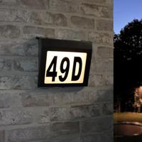 LEDChampion Led-huisnummerlamp op zonne-energie, zwart, roestvrij staal, koudwitte lichtkleur 5500 Kelvin, waterdicht, incl. aan-/uitschakelaar