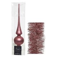 Kerstversiering glazen piek mat 26 cm en folieslingers pakket oud roze van 3x stuks - thumbnail