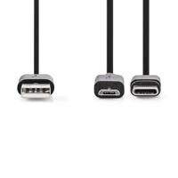 Nedis 2 in 1 kabel - USB 2.0 - USB-A stekker - USB Micro-B stekker/USB-C stekker - 480 Mbps - 1,00 m - vernikkeld - rond - PVC - zwart - label