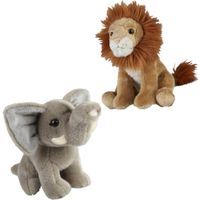 Knuffeldieren set leeuw en olifant pluche knuffels 18 cm - thumbnail