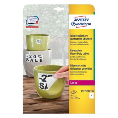 Avery-Zweckform Wetterfeste Folien-Etiketten, Laser L4775REV-20 ( 210 x 297 mm ),Wit, 20 stuk(s), Weer verwijderbaar