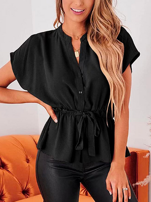 Urban Plain Buttoned Shirt Collar Blouse