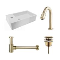 Fonteinset Nila Solid Surface Mat Wit Links 40x22x10cm Toiletkraan Knop Clickwaste Sifon Geborsteld Goud