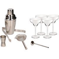 Cocktailshaker set RVS 5-delig inclusief 4x cocktail/margarita glazen 300 ml