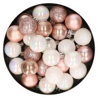 28x stuks kunststof kerstballen parelmoer wit en lichtroze mix 3 cm   -