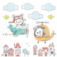 Muursticker - Teddybeer in het vliegtuig met wolken en huizen - thumbnail