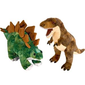 Setje van 2x dinosaurus knuffels T-rex en Stegosaurus van 25 cm