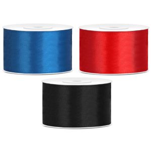 Sierlinten/cadeaulinten/satijnen linten - Set 3x stuks - blauw/rood/zwart - 38 mm x 25 meter