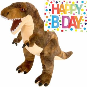 Pluche knuffel Dino T-rex van 25 cm met A5-size Happy Birthday wenskaart