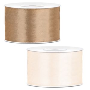 Sierlinten/cadeaulinten/satijnen linten - Set 2x stuks - goud en creme wit - 38 mm x 25 meter