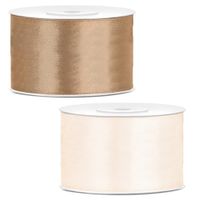 Sierlinten/cadeaulinten/satijnen linten - Set 2x stuks - goud en creme wit - 38 mm x 25 meter