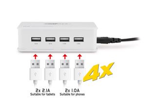 USB-Splitter met 4 Poorten - Thuislader voor Smartphone en Tablet - 1,2 Meter Kabel (PS46)