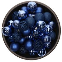 37x stuks kunststof kerstballen kobalt blauw 6 cm glans/mat/glitter mix   - - thumbnail