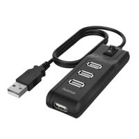 Hama USB-hub multiport data (4 aansluitingen, USB 2.0, gegevensoverdrachtssnelheid 480 Mbit/s, aan/uit-schakelaar, led-indicator, plug en play, compact, robuust) zwart