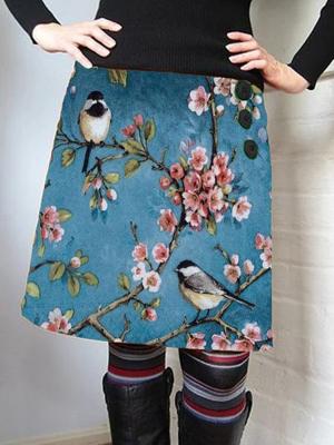 Blue Floral Bird Printed Vintage A-Line Skirt