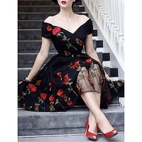 Dames Kanten jurk Vintage Jurk Feestjurk Netstof Netstof Geborduurd Schouderafhangend Korte mouw Bloemig Halflange jurk Bruiloft gast Cocktailparty Elegant Vintage Zwart Wit Zomer Lente Lightinthebox - thumbnail