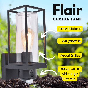 Buitenlamp met camera Beveiliging voordeur 'Flair' glas zwart vierkant 120mm