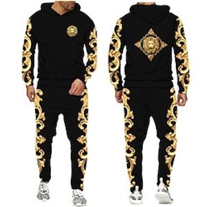 Voor heren Trainingspak Truien instellen Zwart Bruin Zwart Goud Bruin Bruin 2 Capuchon Grafisch Bloemen 2-stuks Afdrukken Sport Outdoor Casual Sport 3D-afdrukken Streetwear Ontwerper Basic Lente Lightinthebox