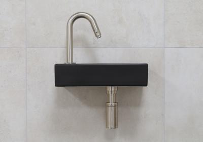 Mueller Mini Rhea fonteinset zwart met gebogen fonteinkraan links in kleur RVS Mueller Mini Rhea fonteinset zwart met gebogen fonteinkraan links in kleur RVS