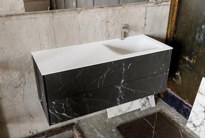 Badkamermeubel Kivi Hangend 120x47x45cm Porcelenato Black Solid Surface Wastafel 1 Kraangaten Rechts met 2 Lades