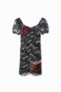 Korte aangerimpelde jurk met paisley - BLACK - XL