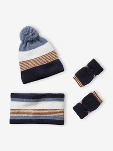 Gestreepte set van muts + snood + handschoenen voor jongens marine