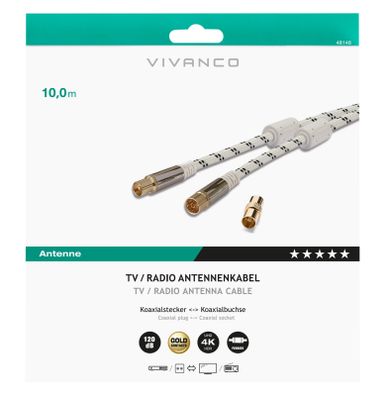 Vivanco Antenne Aansluitkabel [1x Antennestekker 75 Ω - 1x Antennebus 75 Ω] 10.00 m Vergulde steekcontacten, Viervoudig afgeschermd, Met Ferrietkern Wit