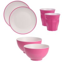 12-delige serviesset onbreekbare kunststof/melamine roze ontbijt bordjes/bekers en kommetjes - thumbnail