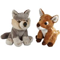 Bosdieren zachte pluche knuffels 2x stuks - Hertje en Wolf van 15 cm