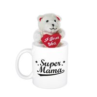 Moederdag cadeau Super mama beker / mok 300 ml met beige knuffelbeertje met love hartje - thumbnail