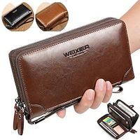 Echt koe gepolijst lederen clutch handtas zakelijke heren lange portemonnee dubbele ritsen portemonnee billfold mobiele telefoon tas met afneembaar schoudertasje Lightinthebox