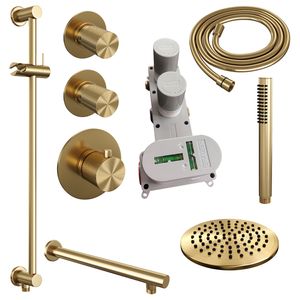 Regendoucheset Inbouw Brauer Gold Carving Thermostatisch 20 cm met Wandarm, Glijstang en Handdouche Staaf Losse Stopkranen Geborsteld Goud Brauer