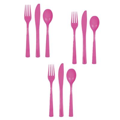 Feest bestek setje - 12 personen - herbruikbaar kunststof - roze - messen/vorken/lepels Feest bestek setje - 12 personen - herbruikbaar kunststof - roze - messen/vorken/lepels